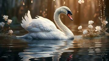 swan lake reflections, digital art illustration, Generative AI photo