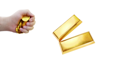 Gold bars  gold coins in hand PNG transparent