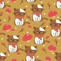 Seamless pattern of cute cats and mushrooms for fabric prints, textiles, gift wrapping paper. colorful vector for children, flat style