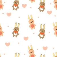 Seamless pattern of cartoon couple rabbits and flowers on white background for fabric prints, textiles, gift wrapping paper. colorful vector for children, flat style