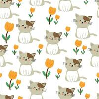 cat and flower pattern on light blue background seamless for fabric prints, textiles, gift wrapping paper. colorful vector for children, flat style