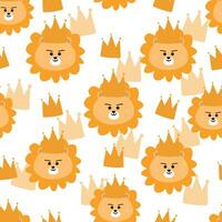 Seamless pattern of cute lion with a crown on his head for fabric prints, textiles, gift wrapping paper. colorful vector for children, flat style