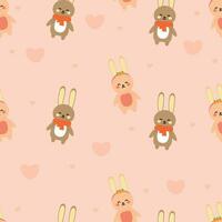 Seamless pattern of cartoon couple rabbits and flowers on pink background for fabric prints, textiles, gift wrapping paper. colorful vector for children, flat style