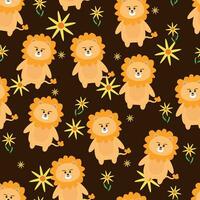 Seamless pattern of yellow lions and flowers on a brown background for fabric prints, textiles, gift wrapping paper. colorful vector for children, flat style