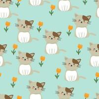 cat and flower pattern on light blue background seamless for fabric prints, textiles, gift wrapping paper. colorful vector for children, flat style