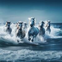 blanco caballos grupo corriendo a través de el agua foto