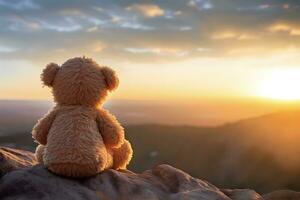 Back view of teddy bear toy sitting with background of mountain view at sunset. photo