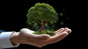 Businessman holding small tree. World tree day, environment day concept. AI generated photo