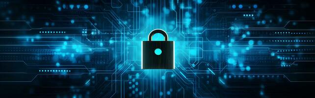 Lock on circuit pattern. Concept of data security and cybersecurity photo