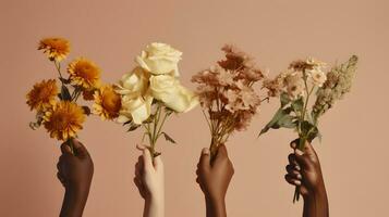 Hands with different skin colors holding beautiful flowers. AI generated photo