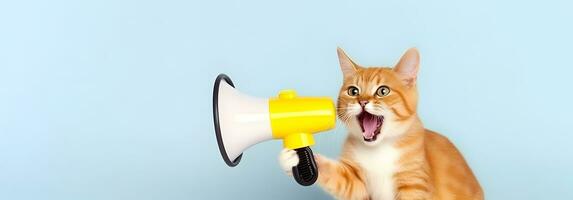 Cat announcing using hand speaker. Notifying, warning, announcement photo