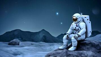 Spaceman or astronaut sitting on the rock at moon. photo