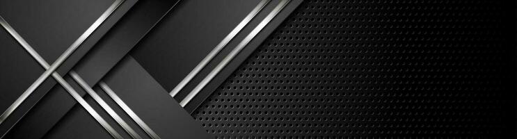 Silver metal stripes on dark perforated background banner design vector