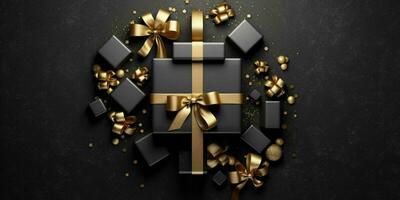 Black Gift Boxes with Gold Ribbon on Black Studio Background. Generative AI photo