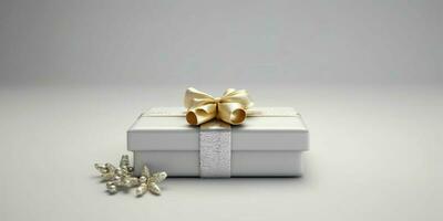 blanco regalo caja con oro cinta en blanco antecedentes. Navidad presente. generativo ai foto