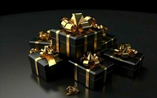 Black Gift Boxes with Gold Ribbon on Black Studio Background. Generative AI photo