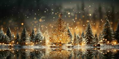 Golden Christmas Tree with Sparkling Lights. Generative AI photo