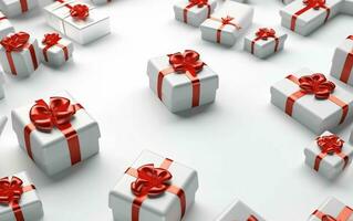 White Gift Boxes with Red Ribbon on White Studio Background. Generative AI photo