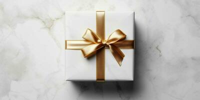 blanco regalo caja con oro cinta en blanco antecedentes. Navidad presente. generativo ai foto