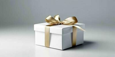 White Gift Box with Gold Ribbon on White Background. Christmas Present. Generative AI photo