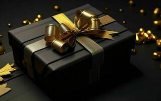 Black Gift Boxes with Gold Ribbon on Black Studio Background. Generative AI photo