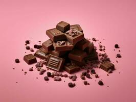 Pieces of Chocolate Isolated on Pink Background. Delicious Chocolate Bar. Generative AI photo