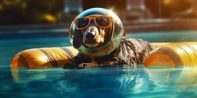 A dog Relaxing on a Swimming Ring in a Pool. Generative AI photo