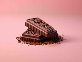 Pieces of Chocolate Isolated on Pink Background. Delicious Chocolate Bar. Generative AI photo