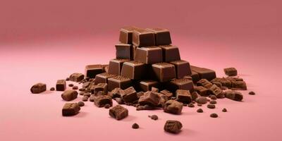 Pieces of Chocolate Isolated on Pink Background. Delicious Chocolate Bar. Generative AI photo