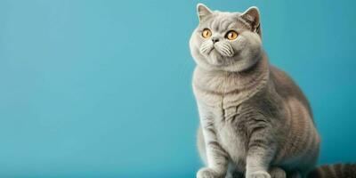 Portrait of a Silver British Shorthair Cat Isolated on Blue Background. Generative AI photo