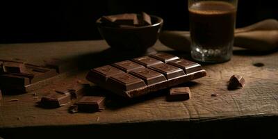 Pieces of Dark Chocolate on Wooden Table. Delicious Chocolate Bar. Generative AI photo