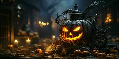 Scary Halloween Pumpkin with a Creepy Smile. Evil Jack O' Lantern on Spooky Background. Generative AI photo