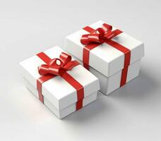 White Gift Boxes with Red Ribbon on White Studio Background. Generative AI photo