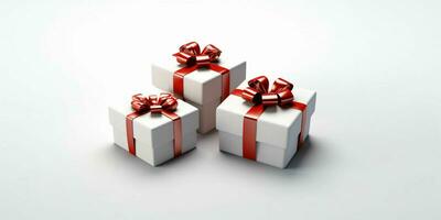 White Gift Boxes with Red Ribbon on White Studio Background. Generative AI photo