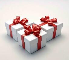 White Gift Boxes with Red Ribbon on White Studio Background. Generative AI photo