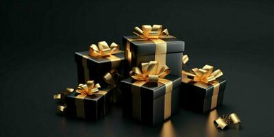 Black Gift Boxes with Gold Ribbon on Black Studio Background. Generative AI photo