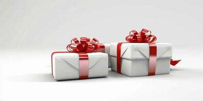 White Gift Boxes with Red Ribbon on White Studio Background. Generative AI photo