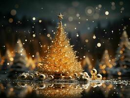 Golden Christmas Tree with Sparkling Lights. Generative AI photo
