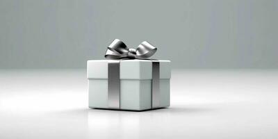 Silver Gift Box on White Background. Christmas Present. Generative AI photo