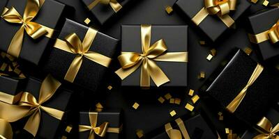 negro regalo cajas con oro cinta en negro estudio antecedentes. generativo ai foto