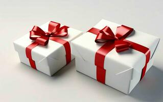 White Gift Boxes with Red Ribbon on White Studio Background. Generative AI photo