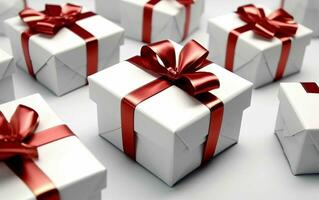 White Gift Boxes with Red Ribbon on White Studio Background. Generative AI photo