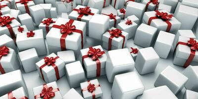 White Gift Boxes with Red Ribbon on White Studio Background. Generative AI photo