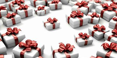 White Gift Boxes with Red Ribbon on White Studio Background. Generative AI photo