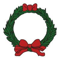 Christmas wreath colored outline isolated on white background. Hand drawn doodle Christmas wreath. Christmas wreath outline. Vector illustration.