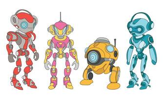 Set of robots colored outline. Collection of robots. Hand drawn doodle robot. Outline robots. Vector illustration.