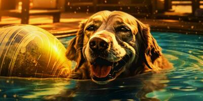 A dog Relaxing on a Swimming Ring in a Pool. Generative AI photo