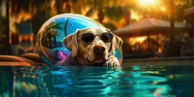 A dog Relaxing on a Swimming Ring in a Pool. Generative AI photo