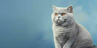 Portrait of a Silver British Shorthair Cat Isolated on Blue Background. Generative AI photo