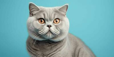 Portrait of a Silver British Shorthair Cat Isolated on Blue Background. Generative AI photo